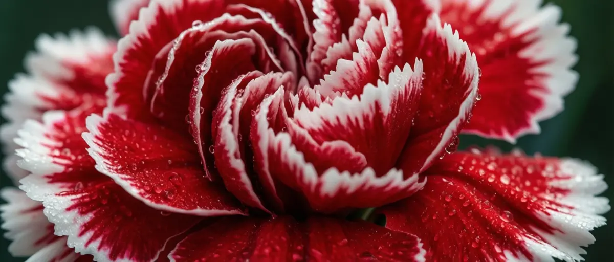 Vibrant red and white carnation blooms in a lush garden setting, showcasing their delicate petals and rich color contrast.